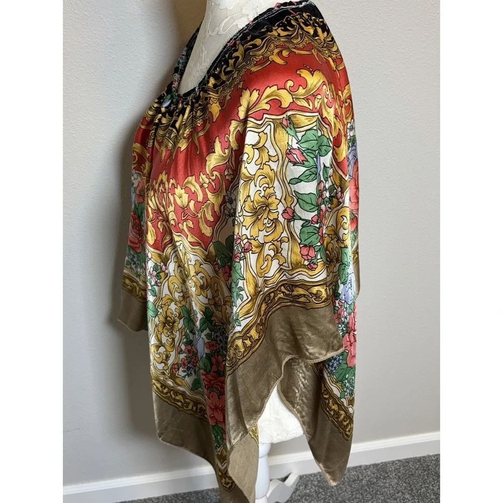 Handmade Poncho Cape~OS~Made from a Vintage Silk Scarf Floral Scroll Boho Resort